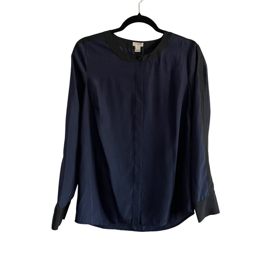 J.Crew Wmn 6 Navy Blue/Black Round Collar Long Sleeve Button Up Satin Blouse NWT